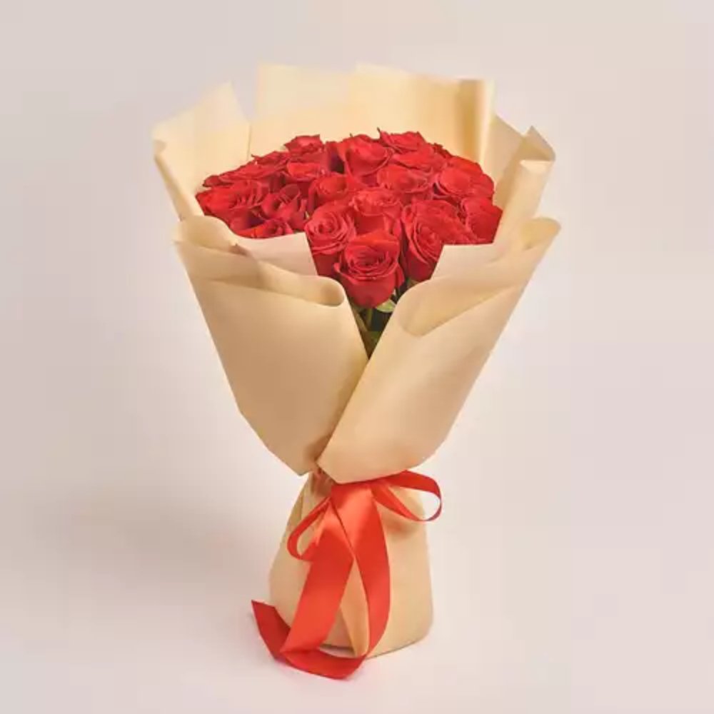 25 Red Roses in a peach package Bouquet.