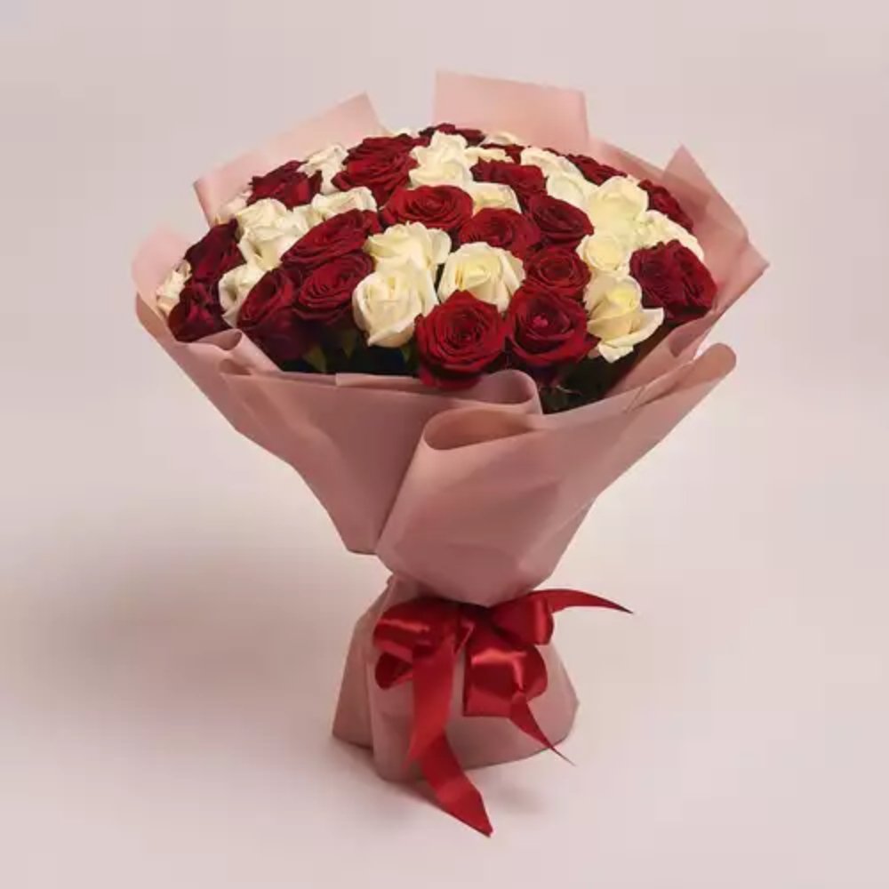 51 Mixed Red and White Roses Bouquet.
