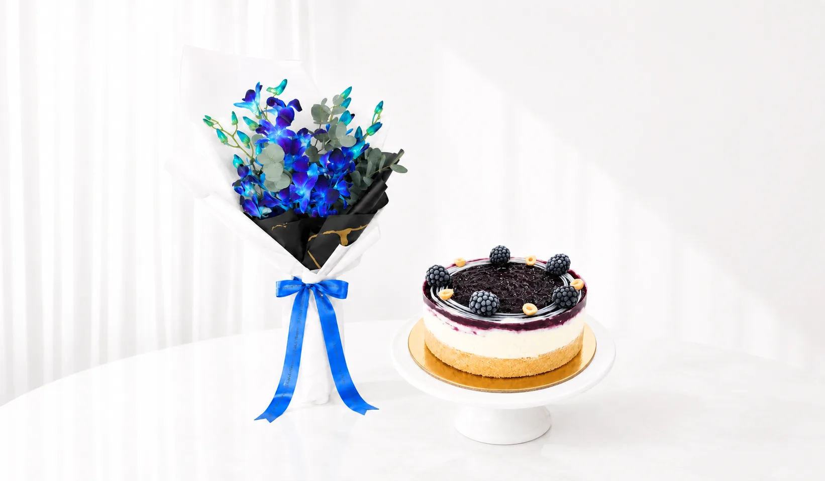 Blue Orchid Bouquet & Blueberry Dream Cheesecake Combo