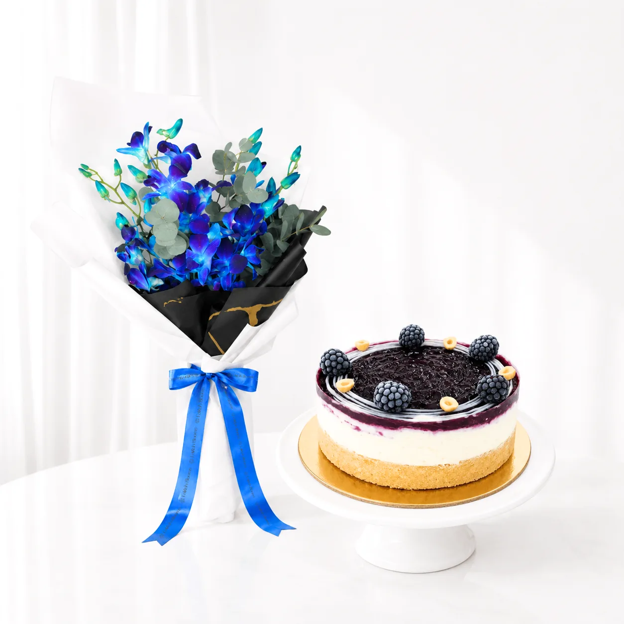 Blue Orchid Bouquet & Blueberry Dream Cheesecake Combo